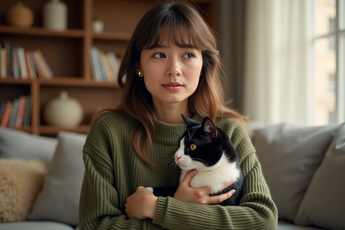 Femme inquiète tenant son chat noir et blanc dont l'œil est fermé et larmoyant, signe d'un ulcère oculaire