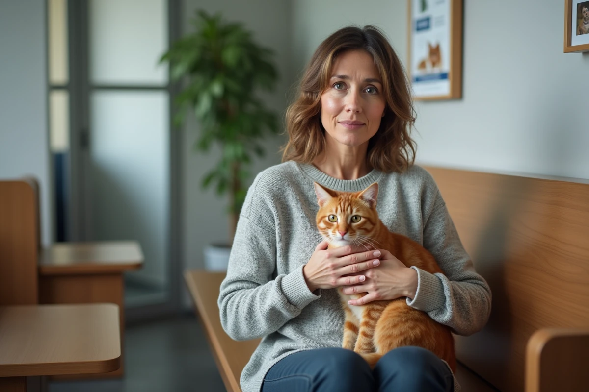 Propriétaire inquiète tenant sa chatte dans une salle d'attente vétérinaire