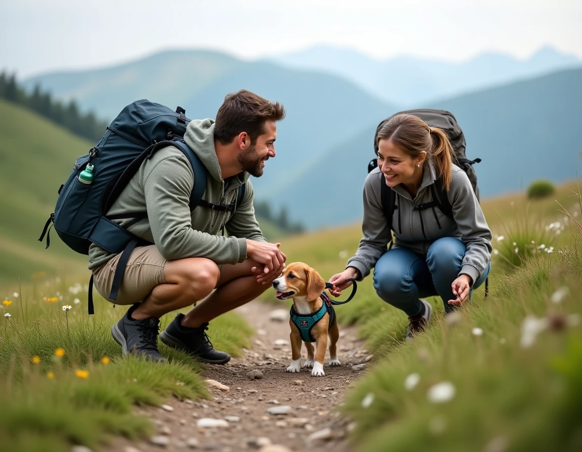 Couple en randonnée avec un chiot beagle dans une prairie alpine sur un itinéraire facile