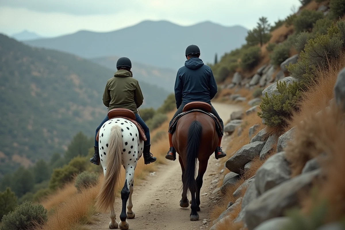 Deux cavaliers sur des chevaux Appaloosa progressant sur un sentier rocailleux en terrain vallonné lors d'une randonnée équestre