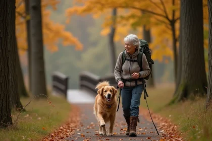 Femme senior en randonnée facile avec son golden retriever sur un sentier forestier en automne