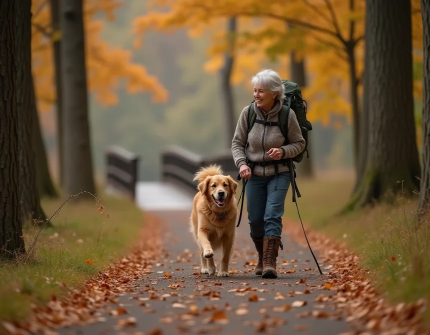 Femme senior en randonnée facile avec son golden retriever sur un sentier forestier en automne