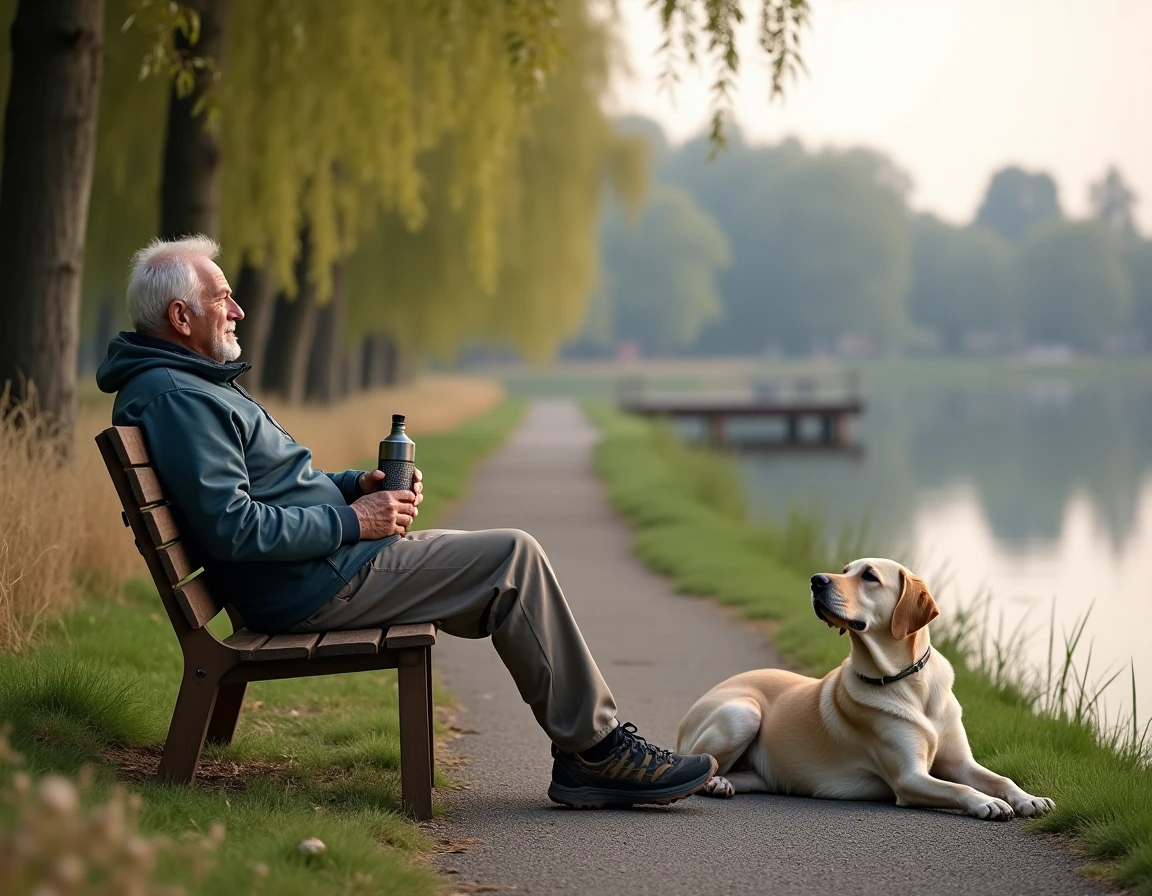 Homme âgé au repos avec son vieux labrador lors d'une randonnée tranquille au bord d'un lac
