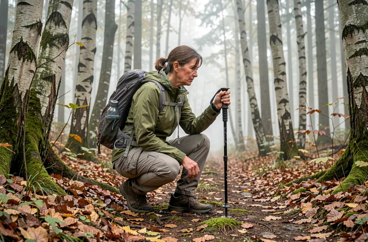 Randonneuse observant des indices au sol en forêt lors d'une promenade, potentiellement des traces de sanglier