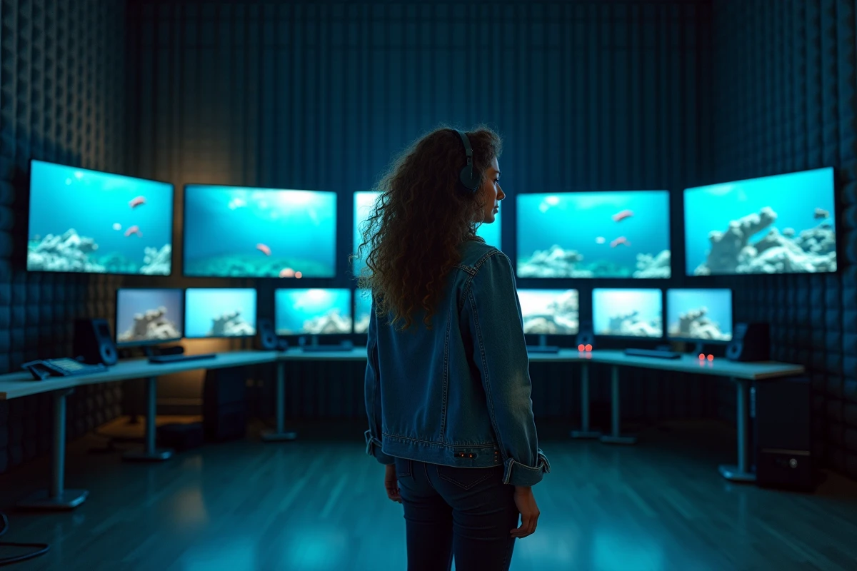 Réalisatrice en salle de post-production examinant des séquences d'animation sous-marine sur plusieurs écrans de montage