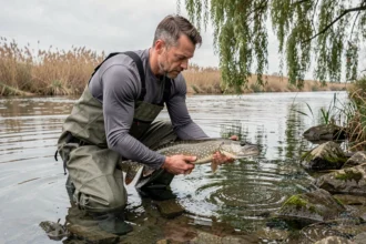 Pêcheur remettant délicatement un brochet à l'eau en tenant le poisson horizontalement au-dessus de la rivière