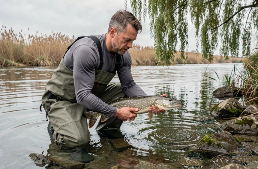 Pêcheur remettant délicatement un brochet à l'eau en tenant le poisson horizontalement au-dessus de la rivière