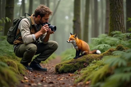 Photographe observant un renardeau roux dans une forêt tempérée, illustrant la diversité des animaux par habitat naturel