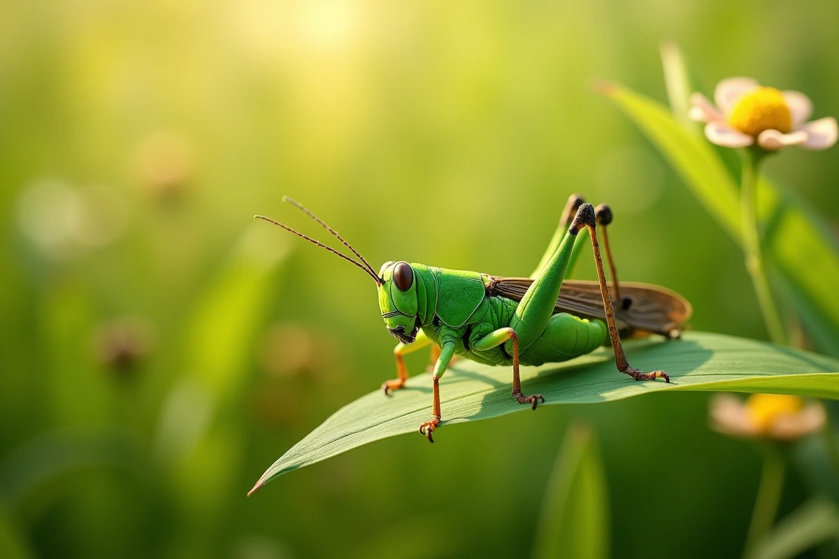 Sauterelle verte sur une feuille en prairie estivale, montrant clairement les six pattes et les trois segments corporels caractéristiques des insectes