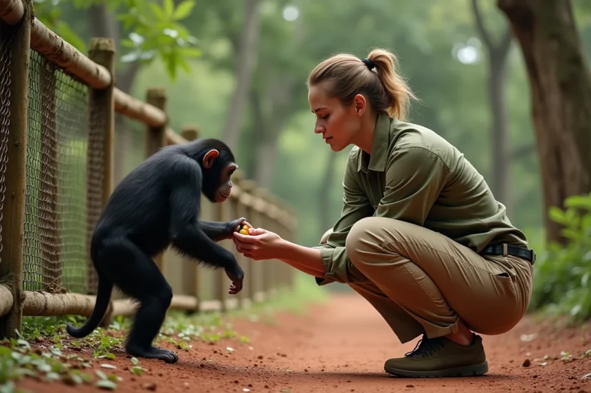Soigneuse offrant des fruits à un chimpanzé à travers une clôture dans un sanctuaire de primates