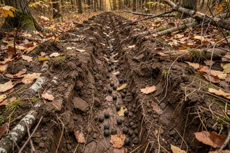 Sol retourné par des sangliers en forêt avec fougères piétinées et terre fraîchement fouillée, indices typiques de présence de grand gibier