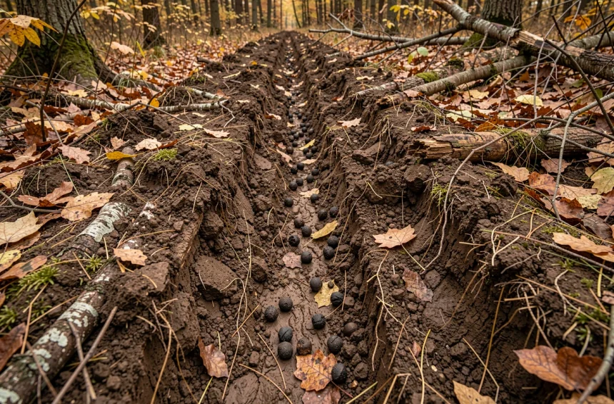 Sol retourné par des sangliers en forêt avec fougères piétinées et terre fraîchement fouillée, indices typiques de présence de grand gibier