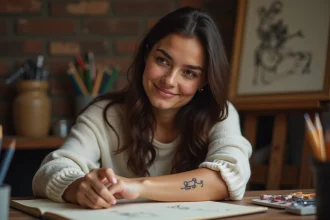 Femme montrant un tatouage minimaliste de chien sur le poignet, style dessin d'enfant, ambiance studio chaleureux