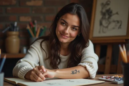 Femme montrant un tatouage minimaliste de chien sur le poignet, style dessin d'enfant, ambiance studio chaleureux