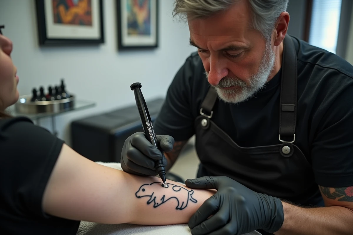 Tatoueur appliquant un tatouage chien minimaliste style dessin naïf sur le bras d'un client en studio