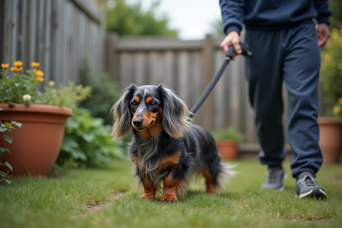 Homme débutant avec son teckel arlequin poil long tirant sur la laisse dans un jardin, représentant une erreur classique de dressage pour les nouveaux propriétaires
