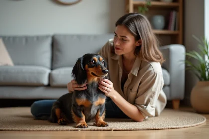 Jeune femme examinant les oreilles de son teckel arlequin poil long dans un appartement moderne, illustrant les erreurs de soin fréquentes chez les nouveaux maîtres