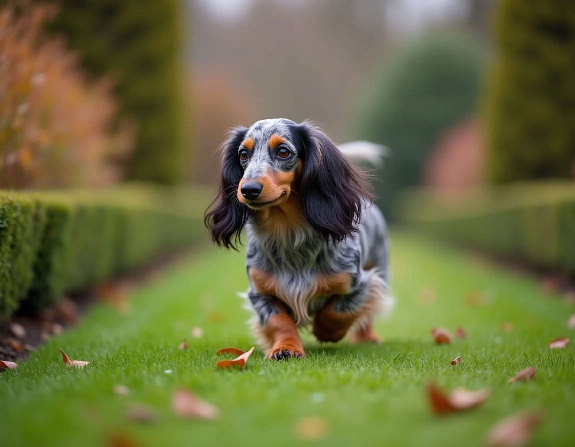 Teckel arlequin à poil long aux reflets soyeux se promenant dans un jardin verdoyant aux tons automnaux