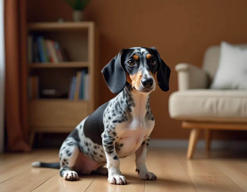 Teckel arlequin à poil ras aux taches noires et grises assis sur un parquet en bois dans un salon chaleureux