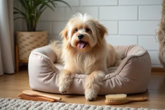 Chien Tequél à poil long allongé sur un lit orthopédique entouré d'accessoires de toilettage essentiels