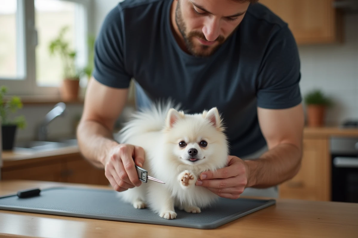 Homme taillant délicatement les poils des pattes d'un spitz blanc sur un plan de travail de cuisine avec des ciseaux à bouts ronds