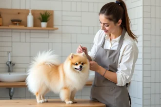 Jeune femme toilettant doucement un spitz poméranien crème sur une table de toilettage dans une salle de bain maison, avec des outils de grooming en arrière-plan