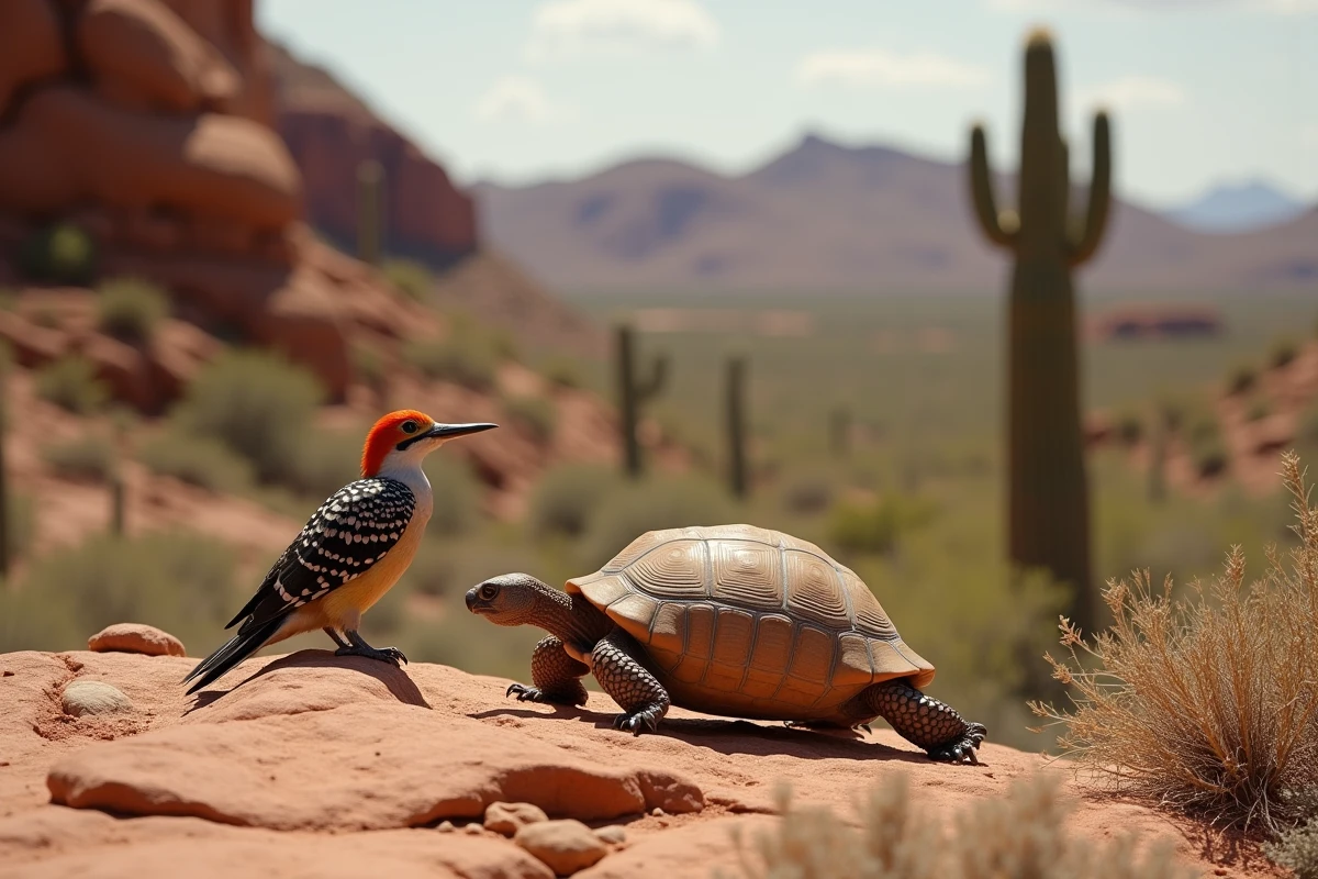 Tortue du désert et pic de Gila dans un habitat aride, classement des animaux par taille et environnement désertique