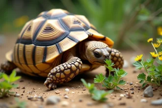Tortue terrestre broutant des plantes comestibles comme le pissenlit et le trèfle dans un enclos naturalisé