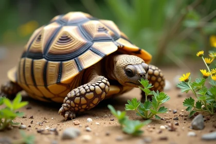 Tortue terrestre broutant des plantes comestibles comme le pissenlit et le trèfle dans un enclos naturalisé