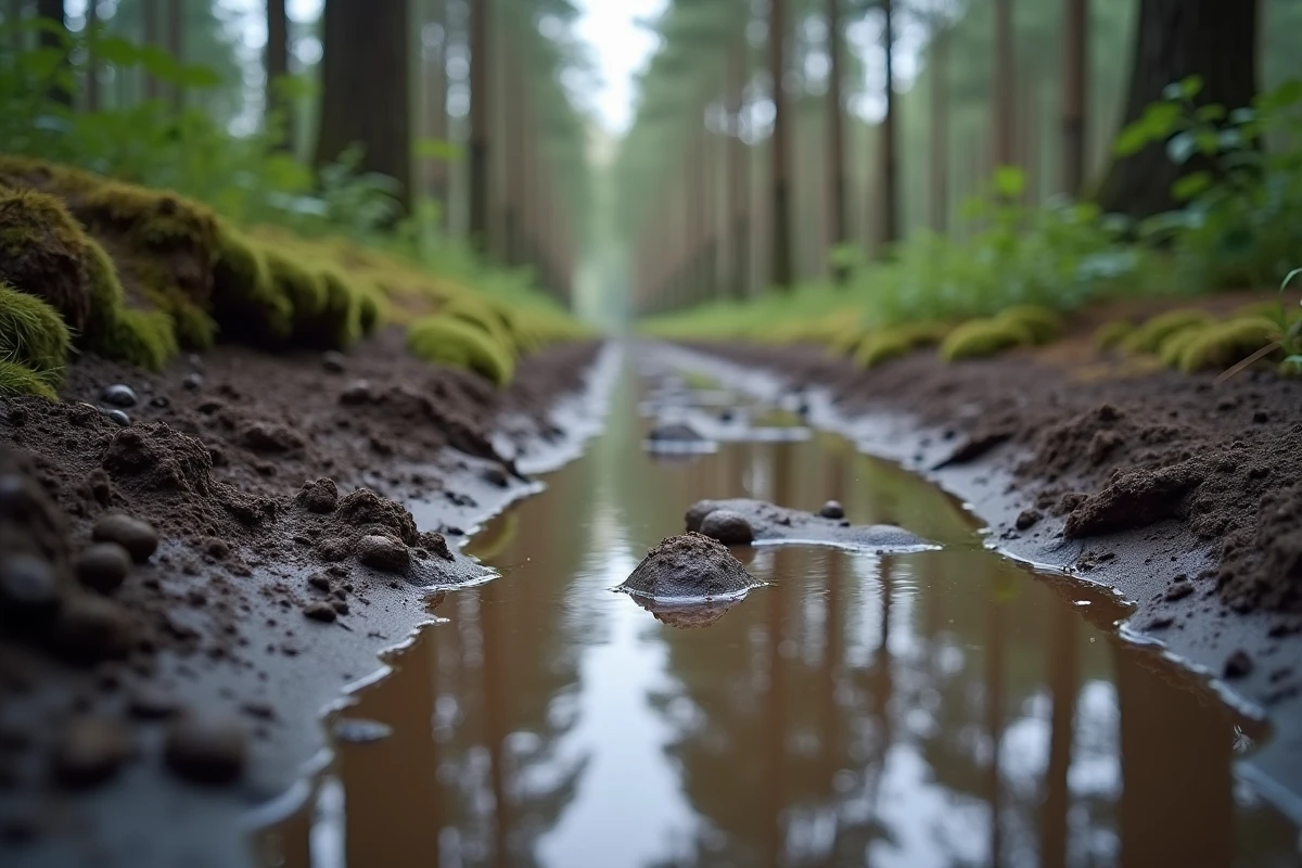 Traces et crottes de sanglier et de chevreuil sur un sentier boueux en forêt, vue en contre-plongée