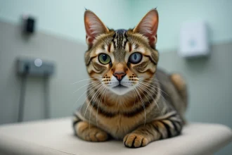 Gros plan sur l'œil d'un chat tabby présentant un ulcère cornéen légèrement visible lors d'un examen vétérinaire