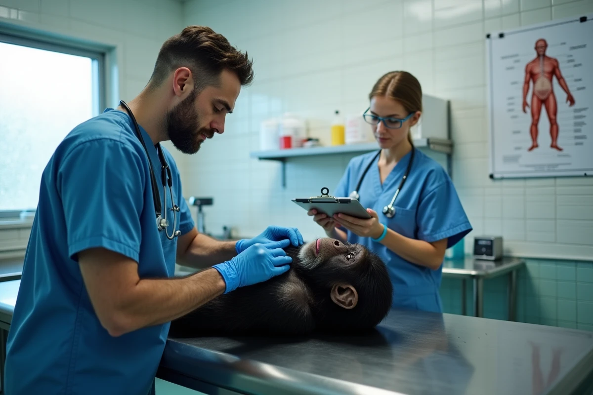 Vétérinaire effectuant un bilan de santé sur un chimpanzé dans la clinique d'un sanctuaire