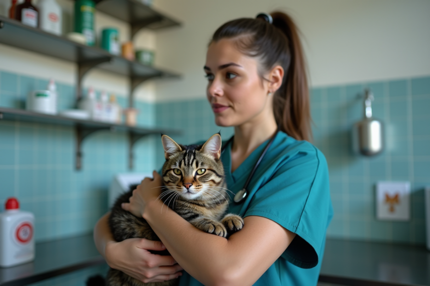 Vétérinaire tenant un chat dans une clinique