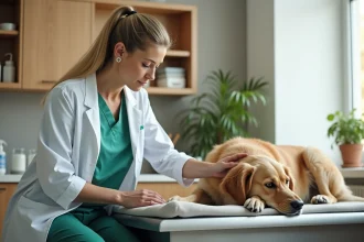 Vétérinaire tenant doucement un vieux golden retriever sur une table d'examen lors d'une consultation d'euthanasie
