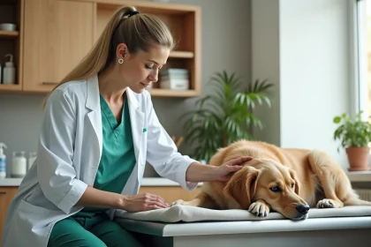 Vétérinaire tenant doucement un vieux golden retriever sur une table d'examen lors d'une consultation d'euthanasie