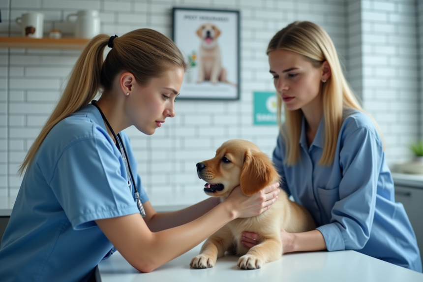 Vétérinaire examinant un chiot golden retriever dans une clinique
