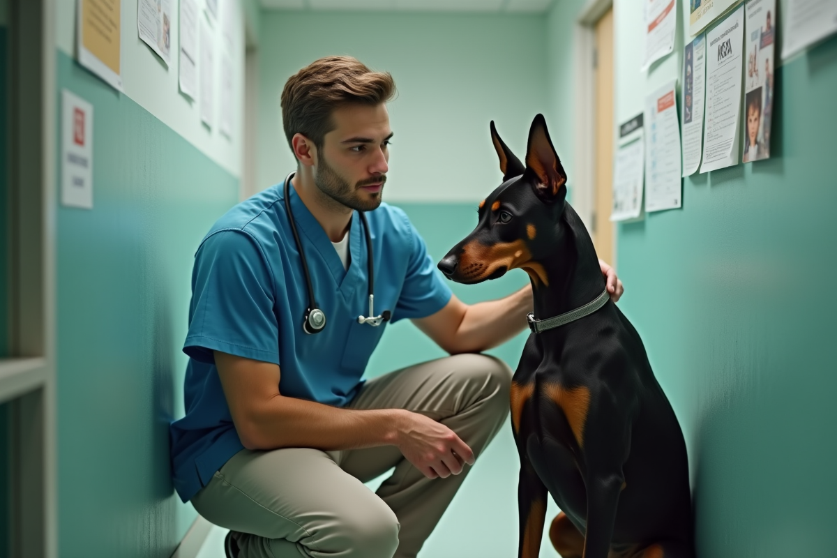 Vétérinaire examinant un Dobermann aux oreilles naturelles