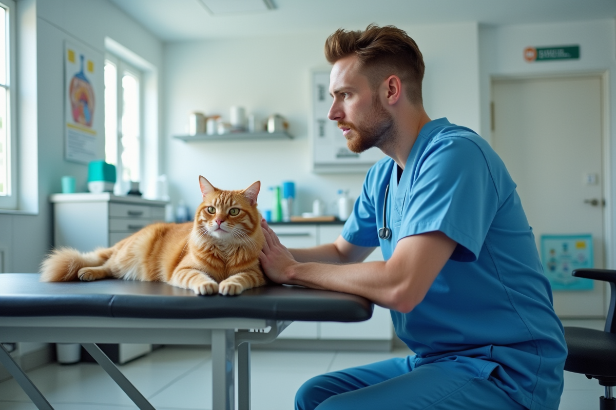 Vétérinaire examine un chat ginger dans une clinique moderne