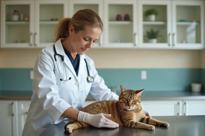 Vétérinaire examinant une chatte sur une table de consultation pour dépister des tumeurs mammaires