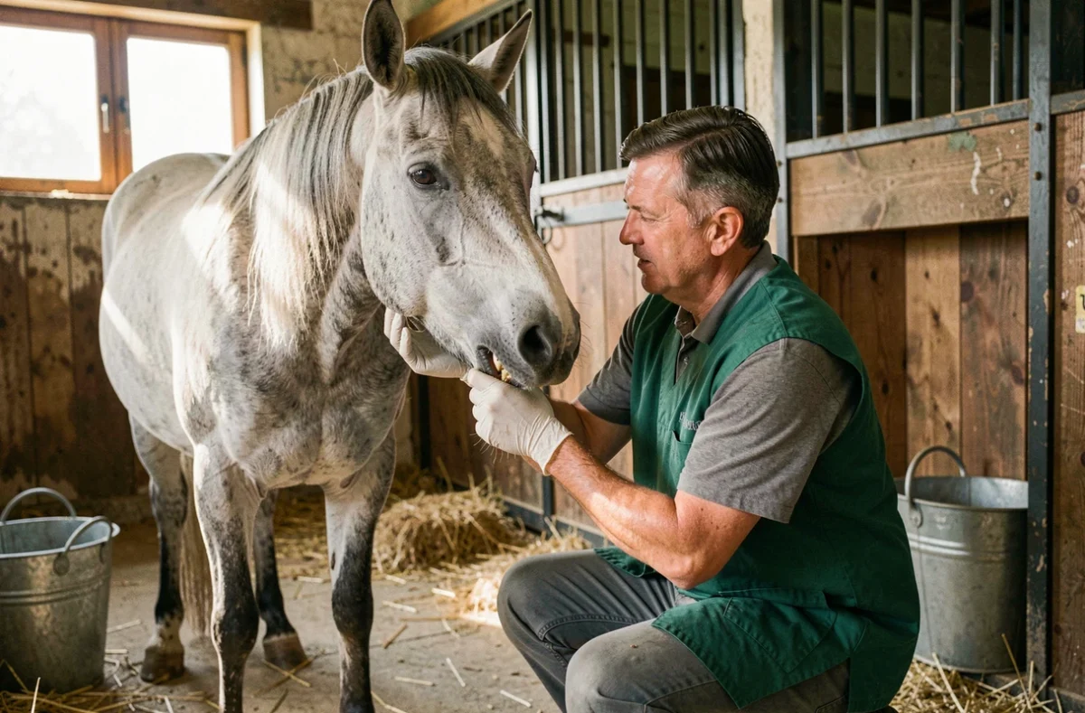 Vétérinaire examinant les dents d'un vieux cheval gris dans une écurie, contrôle de santé lié à l'espérance de vie équine