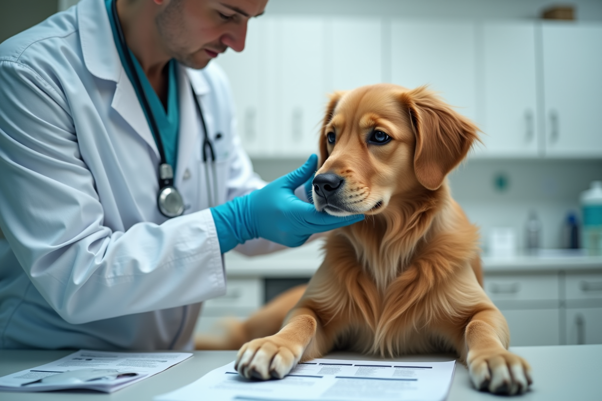 Vétérinaire examinant un golden retriever dans une clinique propre