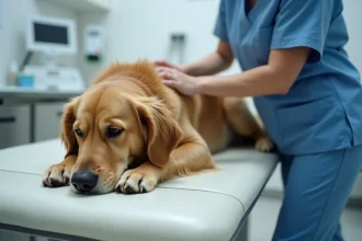 Vétérinaire examinant un chien golden retriever allongé sur une table de consultation, chien semblant fatigué et nauséeux