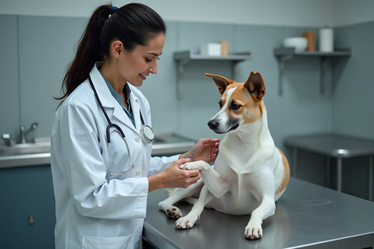 Vétérinaire examinant l'ergot d'un Beauceron adulte lors d'une consultation clinique professionnelle