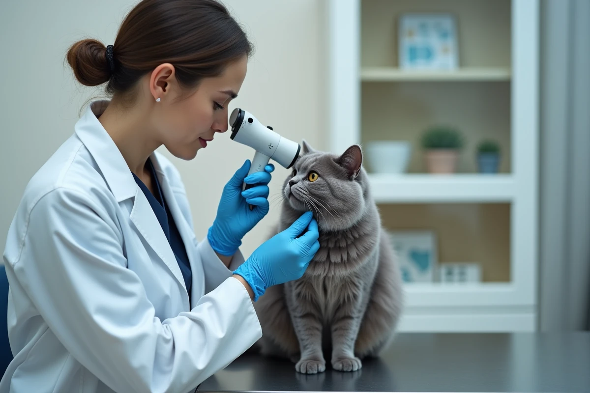 Vétérinaire examinant l'œil d'un chat persan gris à l'aide d'un ophtalmoscope en clinique vétérinaire