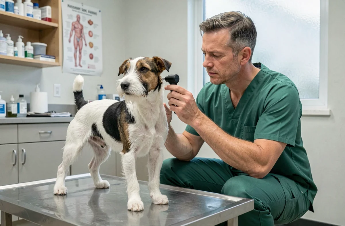 Vétérinaire examinant un Fox Terrier à poil court sur une table d'examen dans un refuge animalier avant adoption