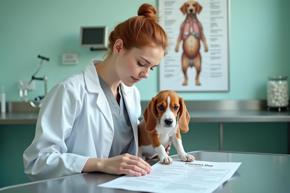 Vétérinaire examinant les garanties d'une mutuelle pour chien avec un beagle dans une clinique vétérinaire