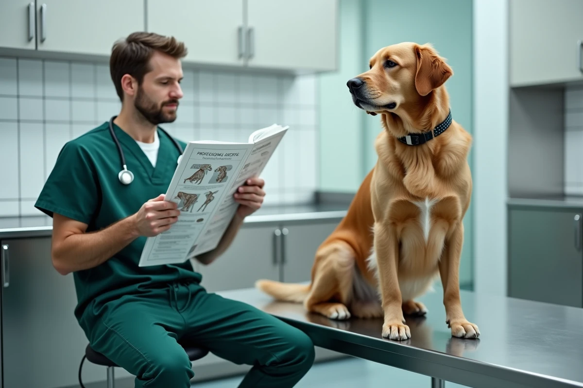 Vétérinaire consultant un magazine animalier professionnel avec un golden retriever en clinique