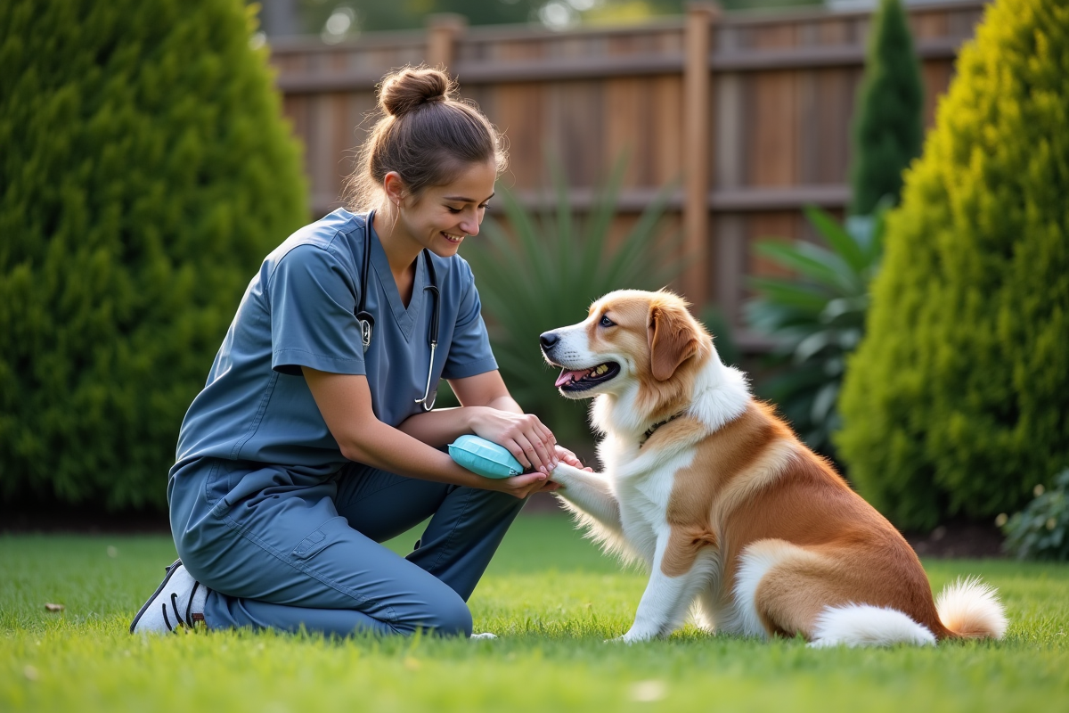 Vétérinaire jeune soignant un chien dans un jardin verdoyant