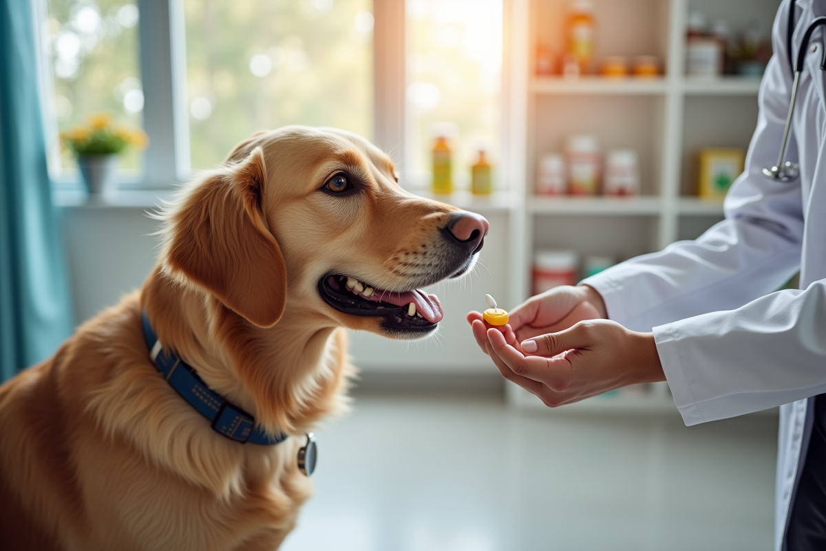 Vétérinaire donnant une vitamine à un chien dans une clinique lumineuse