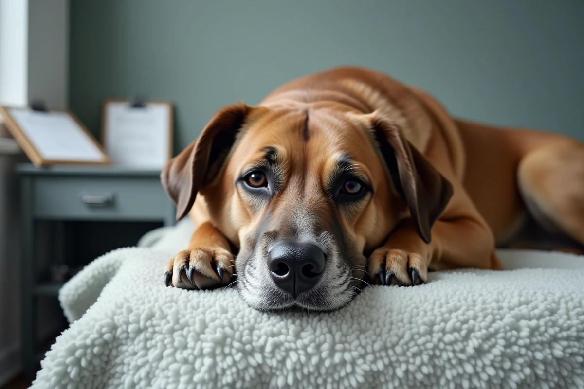 Vieux chien de race mixte au museau grisonnant allongé sur une couverture douce dans une salle vétérinaire